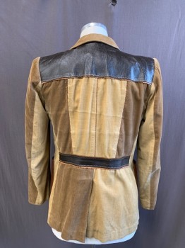 SCOTT GRAY, Brown, Dk Brown, Chestnut Brown, Cotton, Color Blocking, Corduroy, Dark Brown Leather Peaked Lapel, 2 Pockets, Dark Brown Leather Back Yoke and Waistband