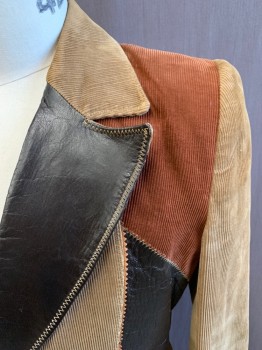SCOTT GRAY, Brown, Dk Brown, Chestnut Brown, Cotton, Color Blocking, Corduroy, Dark Brown Leather Peaked Lapel, 2 Pockets, Dark Brown Leather Back Yoke and Waistband