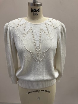 Womens, Sweater, LAWRENCE RICH, White, Solid, B 34, CN, 3/4 Slv, Keyhole Back, Starburst Detail Bib with Pearl Applique, Gathered Shoulder Caps, *inside Front Looks Like It's Rusting...