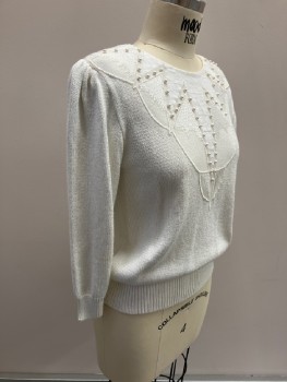 LAWRENCE RICH, White, Solid, CN, 3/4 Slv, Keyhole Back, Starburst Detail Bib with Pearl Applique, Gathered Shoulder Caps, *inside Front Looks Like It's Rusting...