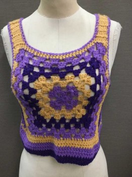 Womens, Top, N/L, Purple, Lavender Purple, Lt Yellow, S, Crochet Yarn, Sleeveless, Cropped Length, Square Neck, Late 1960's/1970's Hippie