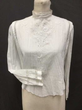 MTO, White, Cotton, Solid, Floral, Button Back, Floral Embroidery and Eyelet, Pintuck with Mesh Lace Stripes, Floral Embroidered/Lace Sleeve Hem, Band Collar, Gathered Back Waist,