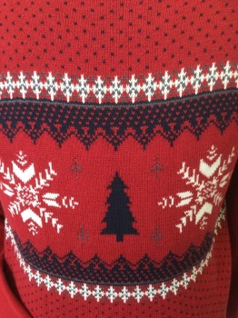 Mens, Pullover Sweater, DOCKERS, Red, Black, Green, White, Cotton, Novelty Pattern, S, Red with Xmas Theme, Round Neck,  Long Sleeves,