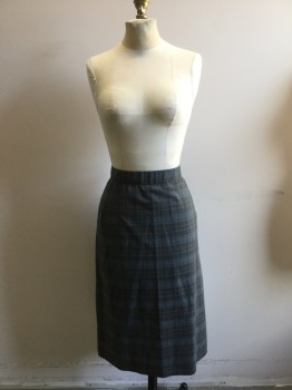 Womens, 1960s Vintage, Skirt, N/L, Slate Blue, Olive Green, Black, Poly/Cotton, Plaid, W26, Pencil Fit. Length to Knee. Slit at Center Back,
