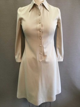 NO LABEL, Beige, Polyester, Solid, Button Front Placket, Collar Attached, Long Sleeves, Cuffs, Hem Above Knee