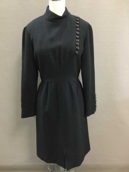 N/L, Black, Wool, Solid, Long Sleeves, Mock Neck, Decorative Buttons At Side Of Chest & Cuffs (**One Original Button Missing On Cuff) Gathered Waist, Hem Above Knee, Possibly a Reproduction/Retro