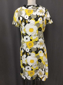 LANNYAL, Black, Yellow, White, Cotton, Floral, Short Sleeve,  Zip Back, Black Collar with Half Moon Keyhole Front, Buttoned On Floral Fabric Piece Over Collar