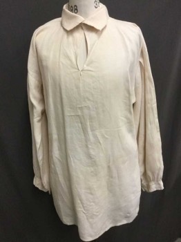 JAS TOWNSEND & SON, Off White, Linen, Solid, Long Sleeves, Pullover, Soft Collar Attached, 1 Button At Neck, Gathered Puffy Sleeves, Button Cuff