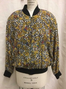 Womens, Jacket, S.L.B. , Assorted Colors, Goldenrod Yellow, Cream, Brown, Black, Silk, Acetate, Animal Print, Novelty Pattern, M, Black Leopard, Goldenrod Baroque Pattern with Tassles, Gold Leaf, Etc. Zip Front, Padded Shoulders, Solid Black Ribbed Neck, Cuffs + Waist, Goldenrod Yellow Acetate Lining,