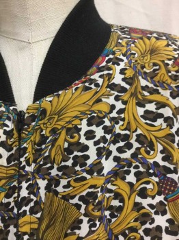 Womens, Jacket, S.L.B. , Assorted Colors, Goldenrod Yellow, Cream, Brown, Black, Silk, Acetate, Animal Print, Novelty Pattern, M, Black Leopard, Goldenrod Baroque Pattern with Tassles, Gold Leaf, Etc. Zip Front, Padded Shoulders, Solid Black Ribbed Neck, Cuffs + Waist, Goldenrod Yellow Acetate Lining,