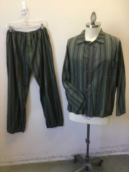 Mens, 1930s Vintage, Pajama Top, P1, MTO, Green, Plum Purple, Brown, Olive Green, Cotton, Stripes - Vertical , C50, 2 XL, Collar Attached, Button Front, 1 Pocket, Long Sleeves, W/matching Pants, Multiples, See FC015816, FC015819