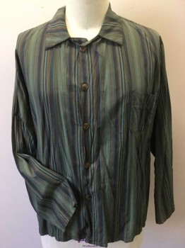 Mens, 1930s Vintage, Pajama Top, P1, MTO, Green, Plum Purple, Brown, Olive Green, Cotton, Stripes - Vertical , C50, 2 XL, Collar Attached, Button Front, 1 Pocket, Long Sleeves, W/matching Pants, Multiples, See FC015816, FC015819