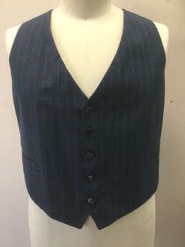 Mens, 1960s Vintage, Suit, Vest, ACADEMY AWARD CLOTHE, Dk Blue, White, Wool, Stripes - Pin, 50, 5 Buttons, 2 Welt Pockets, Plum Lining and Back