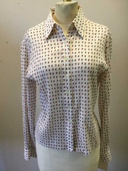 Womens, Blouse, LADY MANHATTAN, White, Navy Blue, Red, Cotton, Novelty Pattern, B 38, White with Abstract Box Print, Button Front, Collar Attached, Long Sleeves, Creped