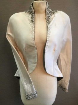 Womens, Evening Jacket, N/L, Cream, Black, Silk, Beaded, Solid, B: 34, Clear and Black Beaded Detail Clustered Around Neckline,Shoulders, Center Front and Cuffs, Open Center Front, with No Closures, Tailcoat Like Shape with Longer Hem In Back Than Front, Shoulder Pads, **Has Some Gray Smudges On Right Side Just Below Shoulder
