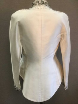 Womens, Evening Jacket, N/L, Cream, Black, Silk, Beaded, Solid, B: 34, Clear and Black Beaded Detail Clustered Around Neckline,Shoulders, Center Front and Cuffs, Open Center Front, with No Closures, Tailcoat Like Shape with Longer Hem In Back Than Front, Shoulder Pads, **Has Some Gray Smudges On Right Side Just Below Shoulder