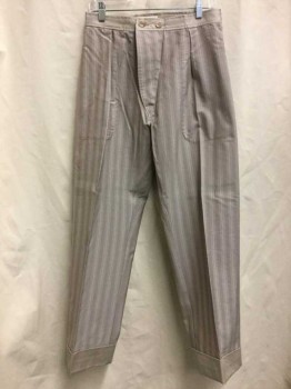 Mens, 1930s Vintage, Pajama Pant, P2, NL, Gray, Blush Pink, Cotton, Stripes - Vertical , 30/30, Elastic Waist, Pleated, Cuffed