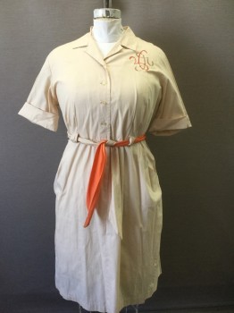 N/L, Beige, Orange, Taupe, Cotton, Solid, Solid Beige, with Orange and Taupe Swirled Embroidered Detail at Side of Chest, 3/5 Sleeve, Shirtwaist, Collar Attached, Belt Loops, Side Pockets, Knee Length, 1950's, **2 Piece - with Matching Sash Belt, Half is Orange, Half is Beige