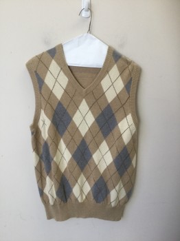 Mens, Sweater Vest, BROOKS BROTHERS, Tan Brown, Cream, Ice Blue, Cotton, Cashmere, Argyle, M, Pullover, V-neck, Ribbed Neck/Sleeves and Waistband