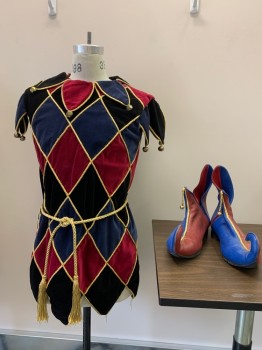 Mens, Historical Fiction Piece 1, MTO, Black, Red Burgundy, Navy Blue, Gold, Cotton, Lurex, Argyle, C36/38, Court Jester's Motley, Argyle, Trimmed with Gold Rope, Pointed Collar, Cuffs & Hem with Bells Attached, Separating Zipper Back, GOLD ROPE TIE BELT