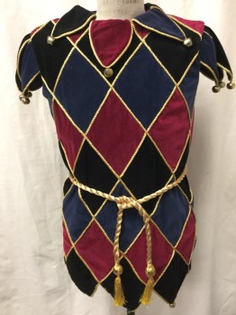 Mens, Historical Fiction Piece 1, MTO, Black, Red Burgundy, Navy Blue, Gold, Cotton, Lurex, Argyle, C36/38, Court Jester's Motley, Argyle, Trimmed with Gold Rope, Pointed Collar, Cuffs & Hem with Bells Attached, Separating Zipper Back, GOLD ROPE TIE BELT
