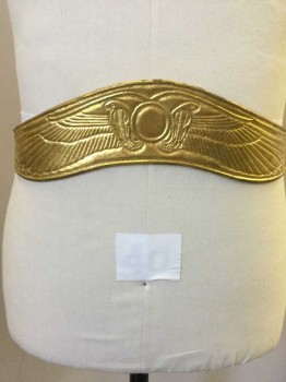 Unisex, Historical Fiction Belt, N/L, Gold, Leather, Animal Print, Shimmer Gold W/snake, Sun, Spreading Wings Stamped, Holes W/gold String Brass End Closure,