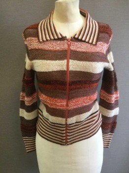 Womens, Sweater, KMART, Brown, Orange, Cream, Acrylic, Stripes, M, Zip Front, Textured High Pile/low Pile Stripes, Ribbed Knit Stripe Collar/Cuff/Waistband