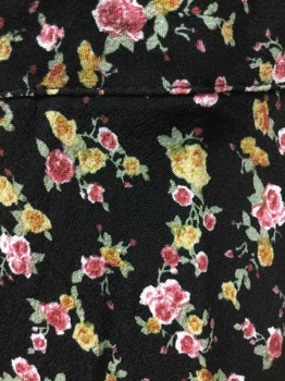 Womens, Skirt, Mini, FOREVER 21, Black, Pink, Mustard Yellow, White, Sage Green, Rayon, Floral, Small, 1" Wide Waistband, Invisible Zipper At Center Back, A Line, Hem Above Knee,  Retro 1990's Looking
