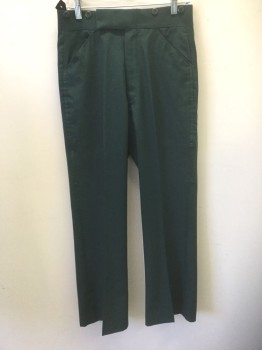 Mens, 1970s Vintage, Formal Pants, AFTER SIX, Forest Green, Polyester, Cotton, Solid, In:29+, W:29, Tuxedo, Flat Front, Zip Fly, 2" Wide Waistband and Button Tab Waist, Satin Outseam Stripe, Suspender Buttons on Outside Waist, Slightly Boot Cut Leg, 3 Pockets, **Barcode on Front Pocket Lining