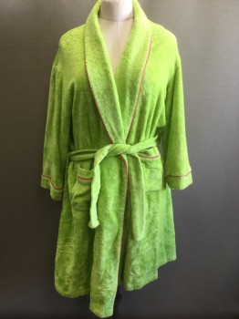 Womens, SPA Robe, BEDHEAD, Lime Green, Fuchsia Pink, Cotton, Solid, S/M, Lime Terrycloth, with Fuchsia Piping Trim, Shawl Lapel, 2 Patch Pockets, 2 Piece: with Matching Sash BELT