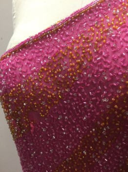 JE MATADI, Fuchsia Pink, Yellow, Clear, Silk, Beaded, Solid, Fuchsia Pink Silk Covered in Yellow, Clear and Pink Seed Beads in Diagonal Wavy Stripes, Sleeveless with Asymmetric Strap, Strap Detail at Side Waist, Floor Length Hem, Slits at Both Side Seams