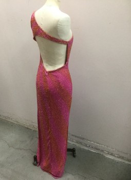 JE MATADI, Fuchsia Pink, Yellow, Clear, Silk, Beaded, Solid, Fuchsia Pink Silk Covered in Yellow, Clear and Pink Seed Beads in Diagonal Wavy Stripes, Sleeveless with Asymmetric Strap, Strap Detail at Side Waist, Floor Length Hem, Slits at Both Side Seams