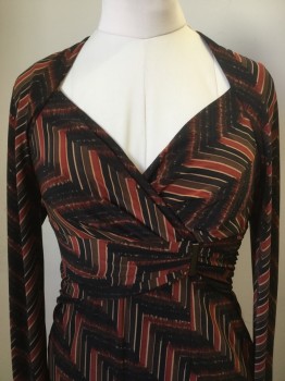 Womens, Dress, Long & 3/4 Sleeve, ANNE KLEIN, Brown, Rust Orange, Tan Brown, Black, Polyester, Spandex, Geometric, Abstract , 8, Long Sleeves, Angled Square/V-Neck with Wrapped Closure, Gold Rectangular Buckle Detail at Waist, Hem Below Knee  **Barcode Located Behind Neckline