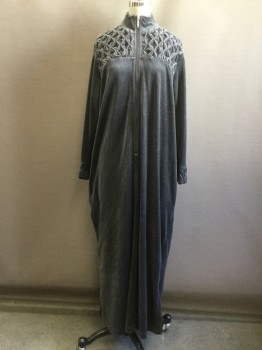 Womens, SPA Robe, DRAPERS & DAMON'S, Dk Gray, Cotton, Polyester, Solid, Petite, XS, Pullover, Velour, American Style Smocked Yoke, L/S with Smocked Cuff, 1/2 Zip Front, C.A.,  Side Slits
