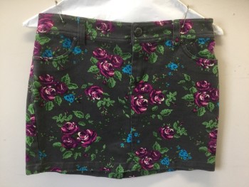 Womens, Skirt, Mini, I LOVE H81, Gray, Purple, Magenta Purple, Green, Turquoise Blue, Cotton, Spandex, Floral, 26, Gray with Purple/Magenta/Cream/Turquoise Flowers with Green Leaves, Stretch Twill, Zip Fly, 4 Pockets, Belt Loops