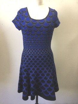 Womens, Dress, Short Sleeve, DVF, Royal Blue, Black, Silver, Rayon, Polyester, Geometric, L, Stretchy Knit, Royal Blue and Black Scallopped Patter with Silver Shiny Outline, Short Sleeves, Scoop Neck, A-Line Skirt, Knee Length