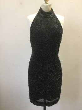 N/L, Black, Silk, Beaded, Solid, Black Sheer Chiffon Overlay with Long Beads Throughout, Halter with Hook & Eye Closure Front, Side Zip, Center Back Band Panel Down Back