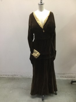 M.T.O, Chocolate Brown, Cream, Cotton, Solid, Wide Wail Corduroy, Bodice Gathered to Waist. Hobble Skirt. Poiret Style. Small Waist. Antique Cream Lace Trim. Wooden Bead Detail at Back Waist and Cuffs,