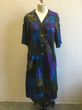 Womens, 1990s Vintage, Piece 1, MTO, Dk Green, Purple, Blue, Avocado Green, Silk, Novelty Pattern, B36, S, Blouse - Square Blocks, Patchwork-Like. Open Collar, Short Sleeves, Button Front, 1 Pocket,