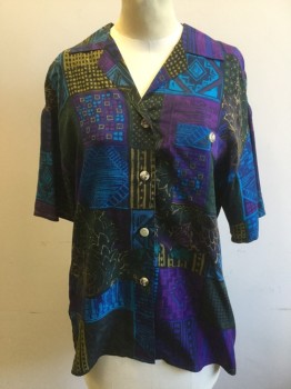 Womens, 1990s Vintage, Piece 1, MTO, Dk Green, Purple, Blue, Avocado Green, Silk, Novelty Pattern, B36, S, Blouse - Square Blocks, Patchwork-Like. Open Collar, Short Sleeves, Button Front, 1 Pocket,