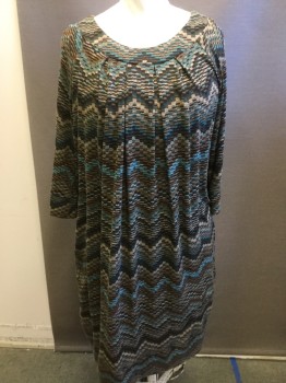 Womens, Dress, Long & 3/4 Sleeve, NEW DIRECTIONS, Brown, Turquoise Blue, Tan Brown, Teal Blue, Black, Polyester, Spandex, Zig-Zag , 3X, Ballet Neck, 3/4 Sleeves, Lego Block Zig Zag Pattern