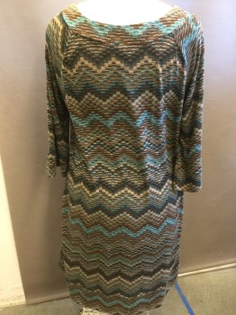 Womens, Dress, Long & 3/4 Sleeve, NEW DIRECTIONS, Brown, Turquoise Blue, Tan Brown, Teal Blue, Black, Polyester, Spandex, Zig-Zag , 3X, Ballet Neck, 3/4 Sleeves, Lego Block Zig Zag Pattern