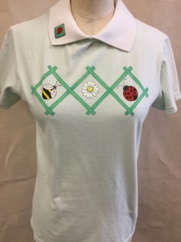 Womens, T-Shirt, PFI FASHIONS INC, Mint Green, Aqua Blue, Red, Black, Yellow, Cotton, Polyester, Animal Print, B: 34, S, S/S, Pull Over with White Collar, a Bee, Flower & Ladybug Print, Embroiderred Lady Bug on the Collar