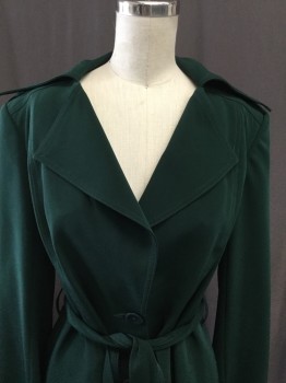 Womens, Coat, Trenchcoat, MAAS, Emerald Green, Silk, Solid, M, Peaked Lapel, Button Front, Epaulet, Cloth Belt, Satin Lining