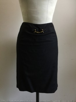 GUCCI, Black, Wool, Solid, Gold Buckle Center Front, Curved Line Panels Front and Around Sides, 2 Faux Back Pockets, Back Zip