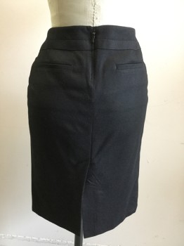 Womens, Suit, Skirt, GUCCI, Black, Wool, Solid, W 29, Gold Buckle Center Front, Curved Line Panels Front and Around Sides, 2 Faux Back Pockets, Back Zip