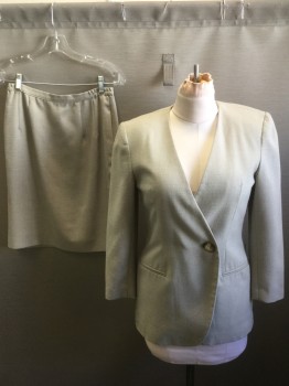 Womens, 1990s Vintage, Suit, Jacket, SUITABLES, Ivory White, Brown, Rayon, Polyester, 2 Color Weave, Basket Weave, 6, Double Breasted, 1 Button, No Collar/Lapel, 2 Pockets, Natural Horn Button