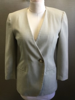 Womens, 1990s Vintage, Suit, Jacket, SUITABLES, Ivory White, Brown, Rayon, Polyester, 2 Color Weave, Basket Weave, 6, Double Breasted, 1 Button, No Collar/Lapel, 2 Pockets, Natural Horn Button