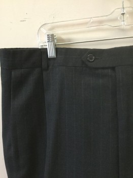 Mens, 1980s Vintage, Suit, Pants, CHARLES JOURDAN, Charcoal Gray, Lt Gray, Wool, Stripes - Pin, Stripes - Chalk , Ins:33, W:40, Double Pleated, Button Tab Waist, Zip Fly, 4 Pockets, Relaxed Leg, Cuffed Hem