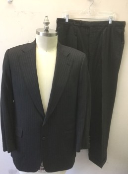 Mens, 1980s Vintage, Suit, Jacket, PAUL STUART, Charcoal Gray, Lt Gray, Wool, Stripes - Pin, 42R, Single Breasted, Notched Lapel, 2 Buttons, Solid Light Ecru Lining